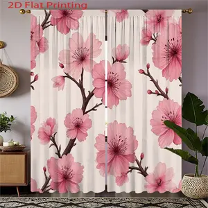 2D Flat, 2pcs Pink Cherry Blossom Curtains - Soft Pastel Floral Window Drapes with Grommet Top