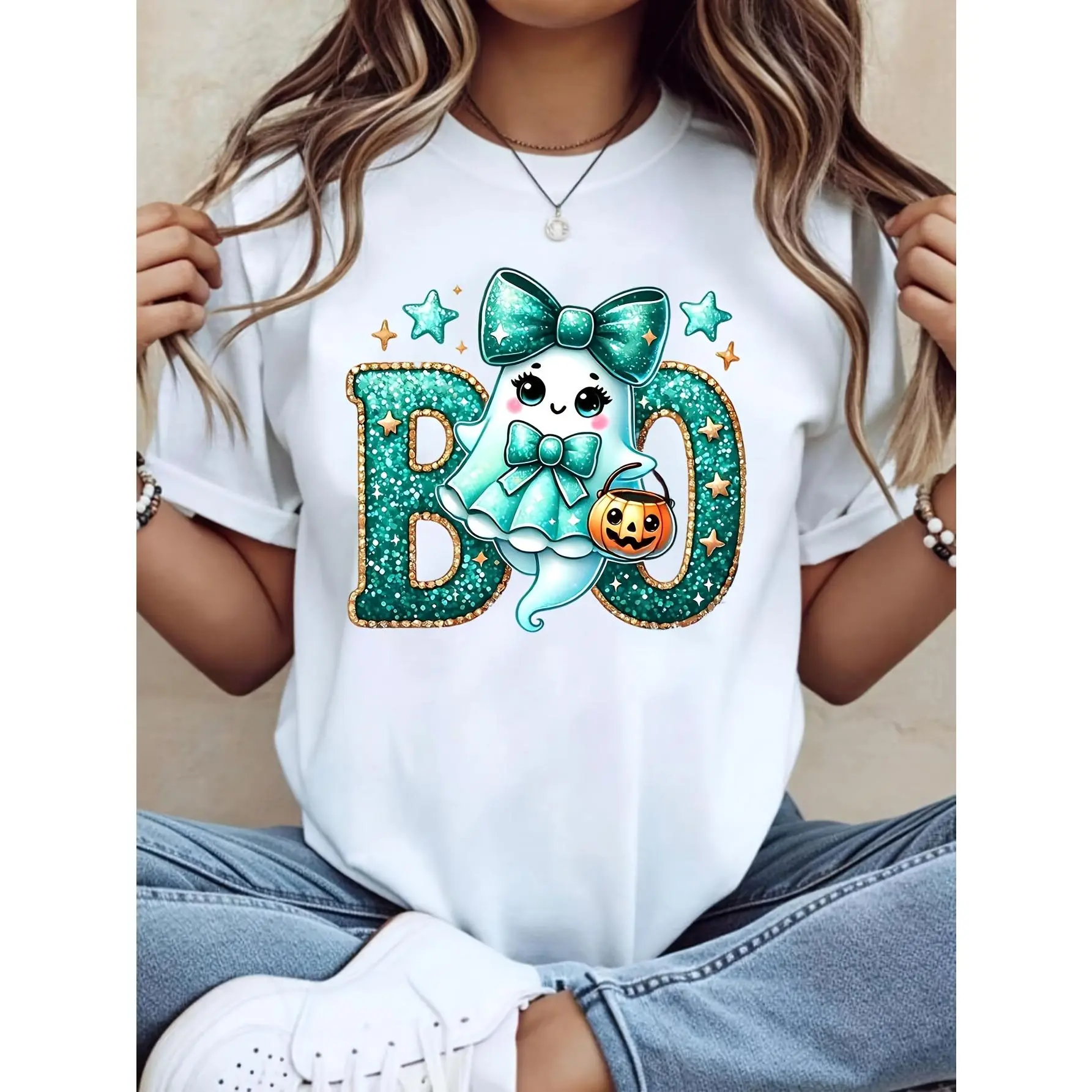 Women's Casual Essential T-Shirt - Flat Simple Fabric, Cute Glitter Ghost Boo Print, Halloween Holiday Theme Gift for Girls