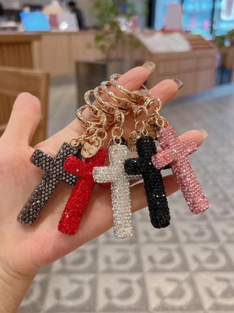 Ceramic Cross Keychain with Rhinestones, Creative Car Key Chain, Keychain Jewelry, Unisex Bag Charm, Valentine's Day Gift, All Seasons, Bag Pendant Keychain