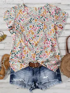 Plus Size Women's Floral Ruffle Blouse, Top, Loose Fit Round Neck Shirt, Casual Summer, Beach Vacation, Daily Commute, Dating, Womenswear