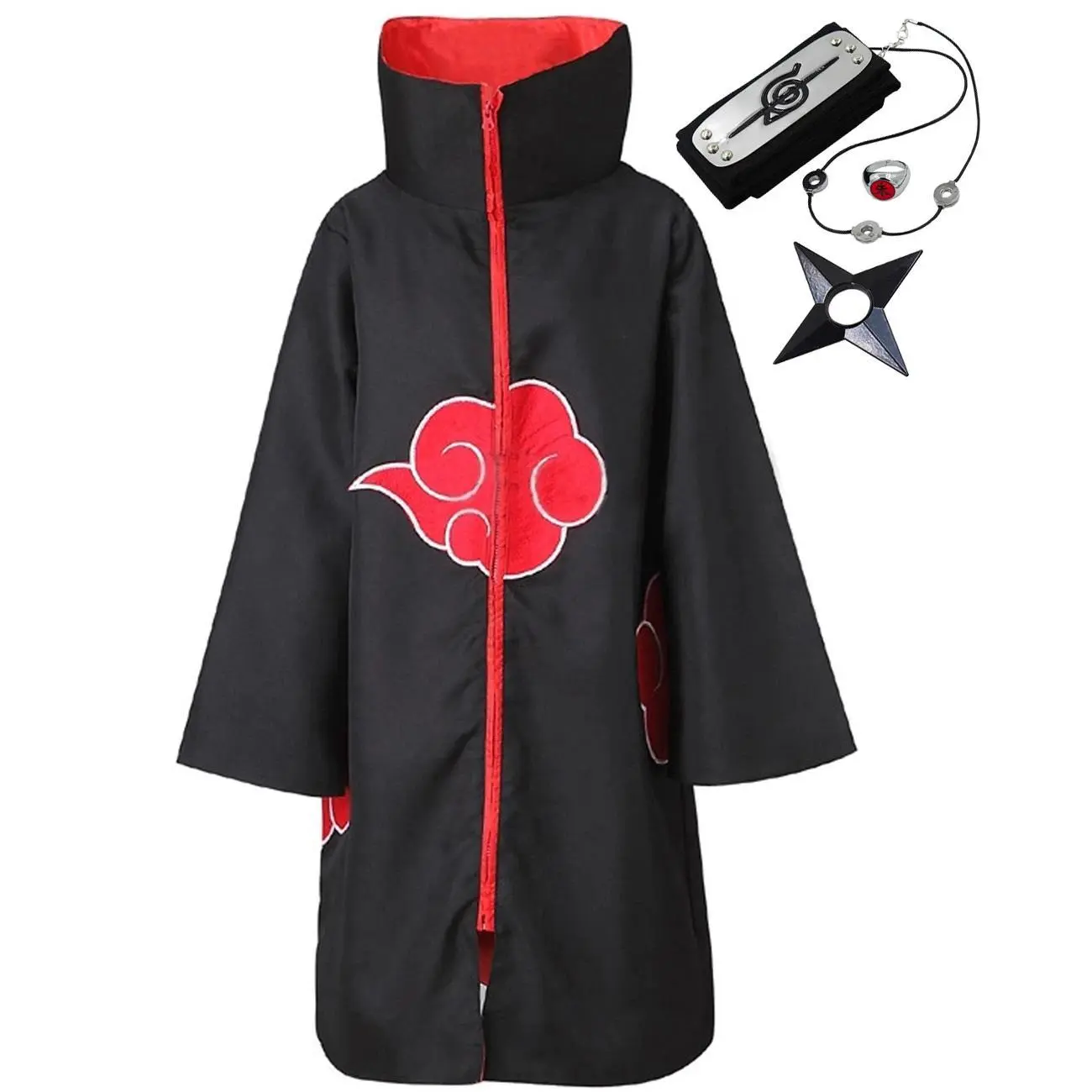 Akatsuki Uchiha Itachi Themed Costumes, Loose Polyester Long Robe Cloak Costume Set for Kids & Adults with Accessories (Halloween, Carnival Cosplay Use)