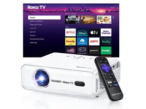 Aurzen Roku TV Smart Projector with Wifi and Bluetooth, Roku Streaming Experience Built-in, 1080P FHD, DoIby Audio, Auto Focus & Keystone, Zoom, Movie Portable Outdoor Mini Projector, White