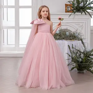 Ready Stock 8-14Y Big Girls Dress Elegant One-Shoulder Pink Tulle Princess Gown with Satin Bow 24536