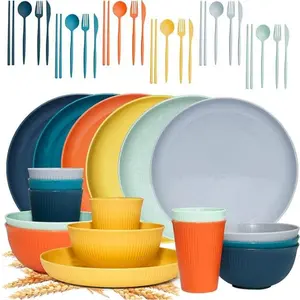 [New Deal] 42Pcs Wheat Straw Dinnerware Sets, Unbreakable Plates and Bowls Sets, Eco Friendly Non Breakable Dinnerware, Dishwasher Microwave Safe Dinnerware Cutlery Tableware