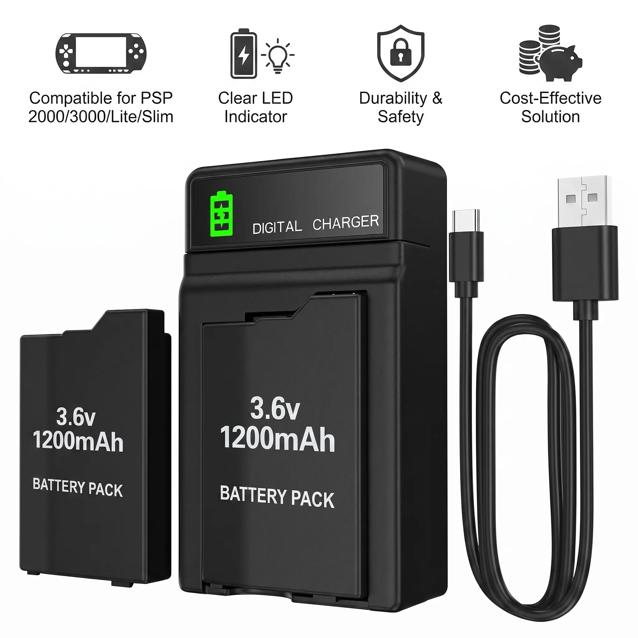 RUNTOGOL Fast Charge Replacement PSP Battery and Charger, 2Pcs 3.6v 1200mAh Lithium Polymer Replacement Batteries with Charging Dock for PSP-3000, 3001, 2000, -2001, 3002, 3004, PSP Lite, PSP Slim Console