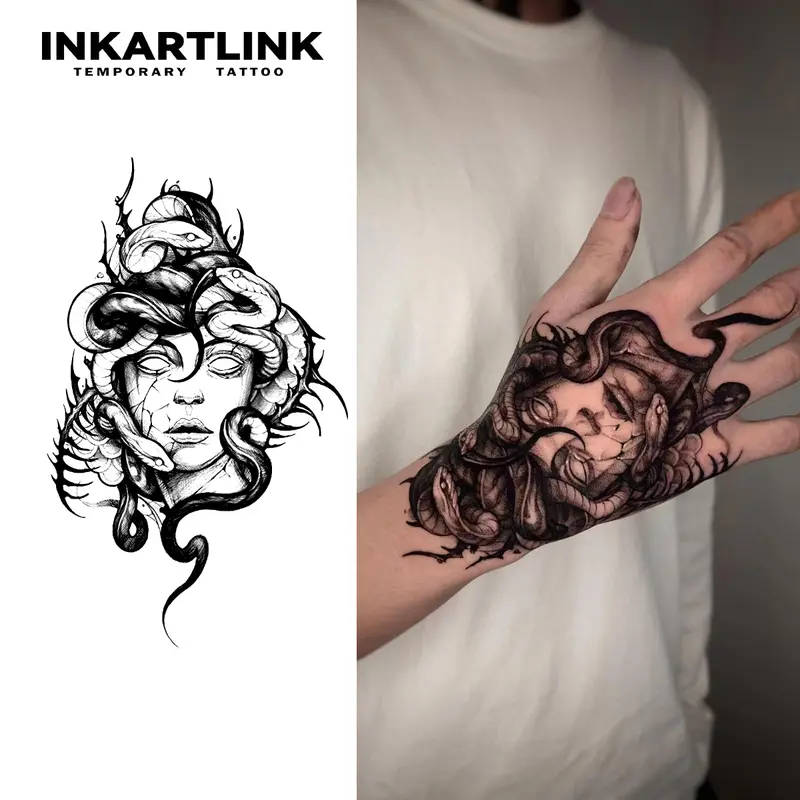 INKARTLINK Tattoo Tech, 2 Sheets Extra Large Semi Permanent Tattoo, Adult Art Design Temporary Tattoos, Lasts 1-2 Weeks, Waterproof, Realistic Look, No Adhesive, No Reflection (Medusa)