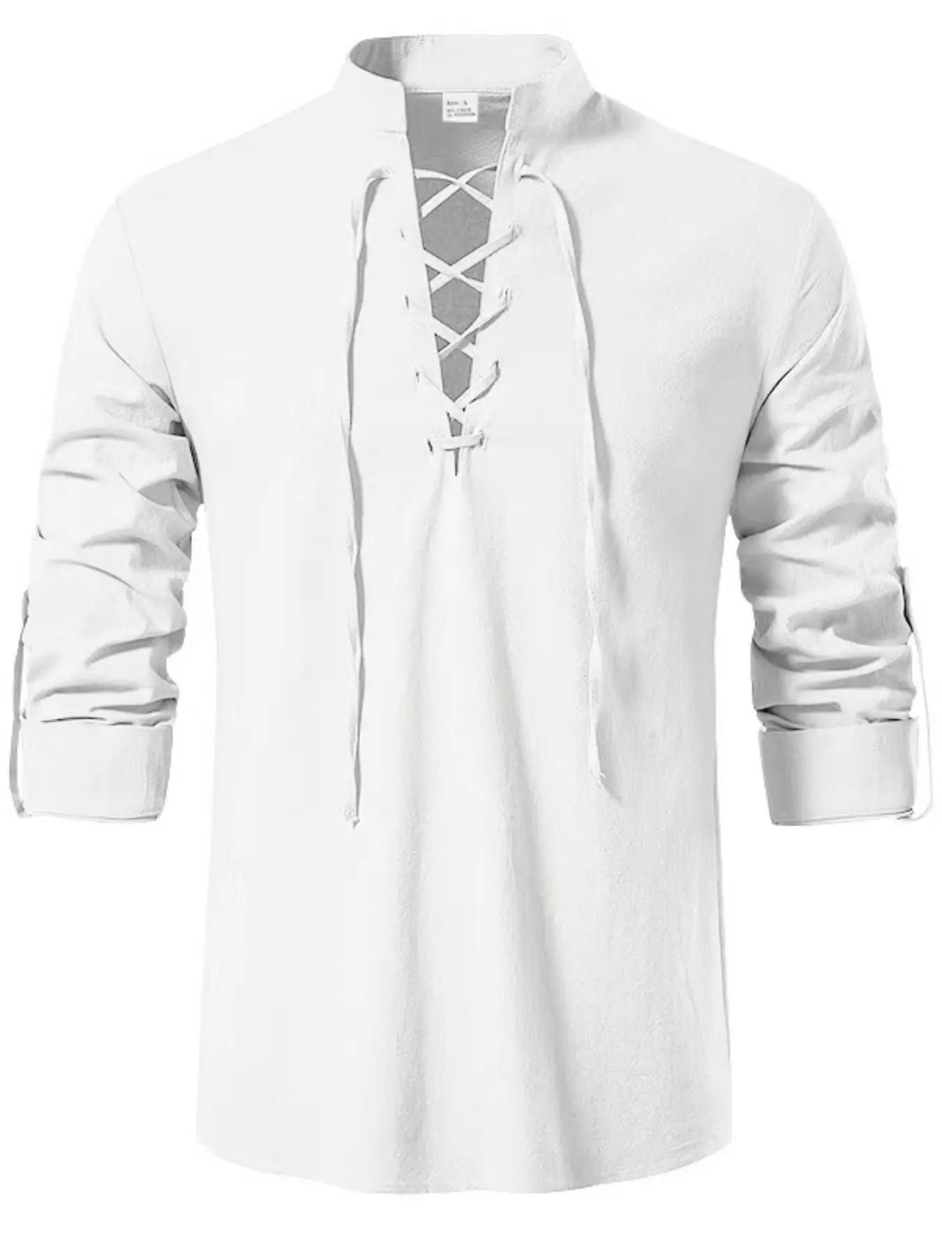 Old Man Qian's retro-style Plain button-up linen shirt for men, with a stand-up collar and long sleeves. Made of breathable linen fabric, it is loose and casual, suitable for daily wear and resort outfits, presenting an upscale appearance.
