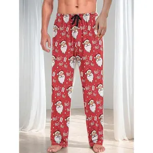 Men's Fashion Santa Print Sleep Pants, Polyester Blend Comfortable Breathable Home Wear, Suitable for All Seasons, Casual Fitted Bottoms