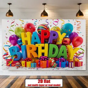 1PC Polyester 2D Flat Birthday Party Backdrop - Colorful Balloons & Gifts Themed Photo Background Cloth, Reusable Kids Party Decoration & Photo Prop Banner