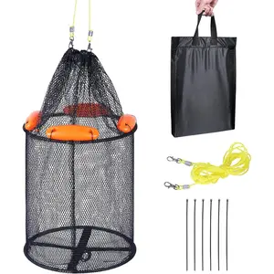 Large Foldable Floating Fishing Basket for Live Caught Fish, Collapsible Rubber-Coated Fish Net Kayak Bait Storage Cage with 5M Double Hook Nylon Rope and 6 Cable Ties, 1 Storage Bag