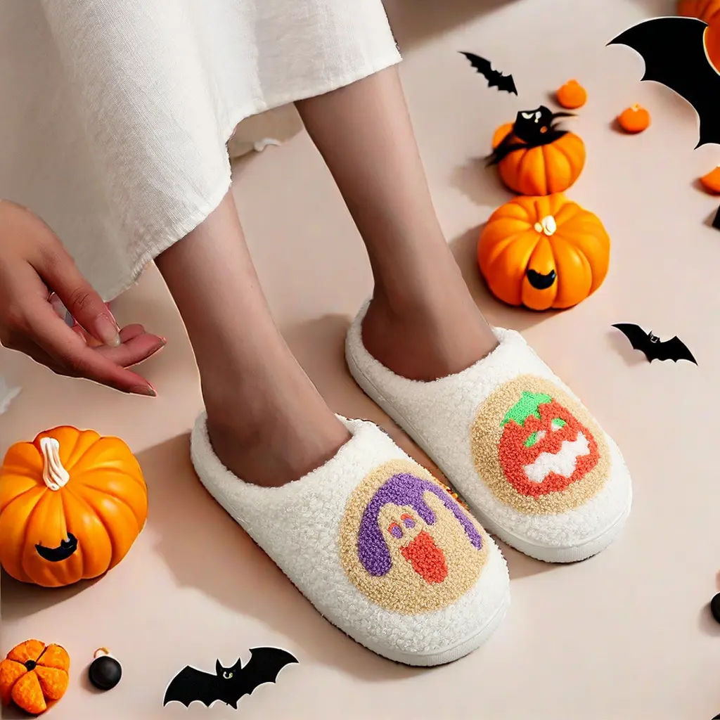 Unisex Halloween Cartoon Ghost Pumpkin Fur Slide Footwear, Warm Plush Cotton Non-Slip Casual Slip-On Mules, Indoor Winter Couple House Shoes