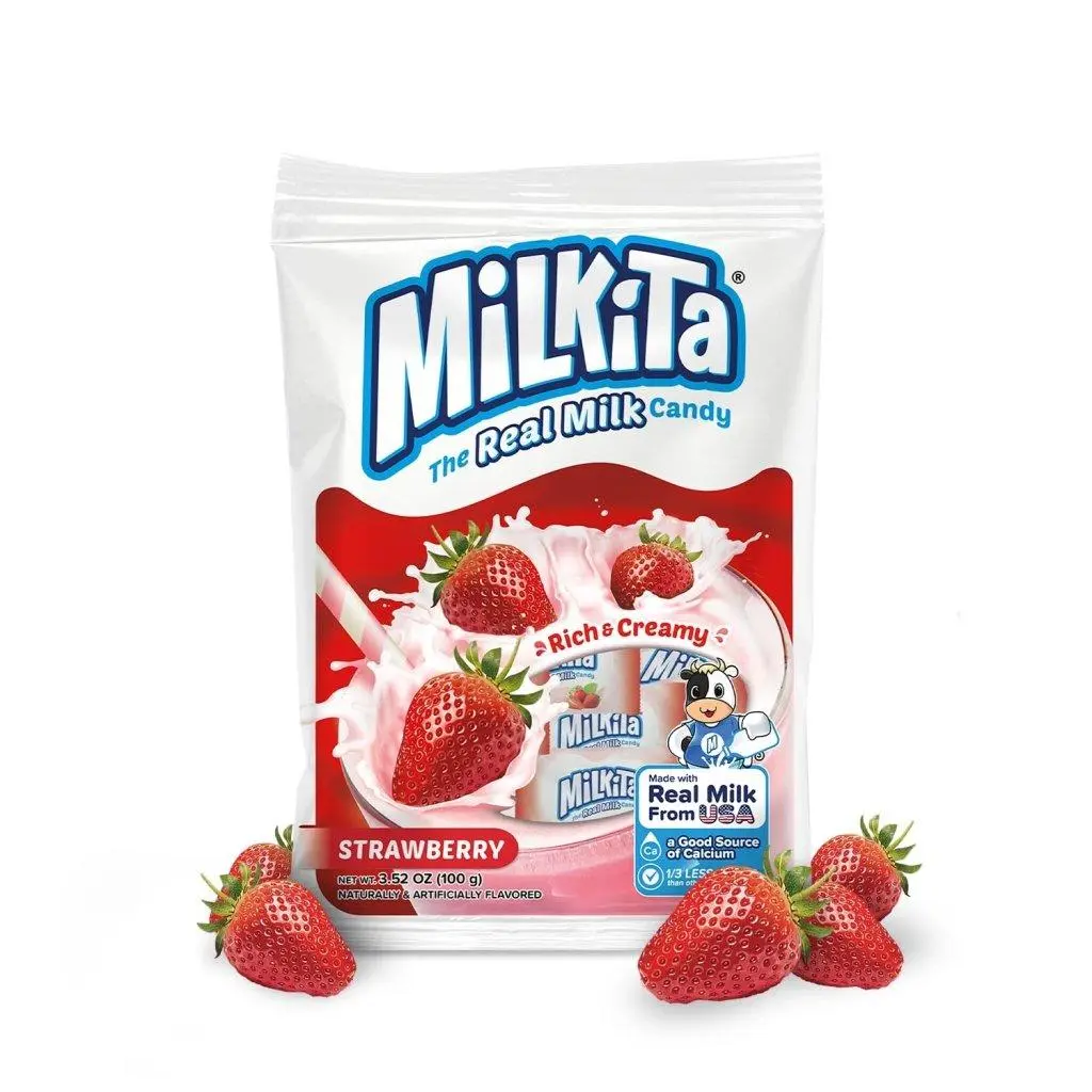 Milkita Real Milk Fruit Flavor Candy, Sweet Strawberry-Flavored Ambient Room Temp Anytime Treat with Condensed Milk, Cream, FD&C Red 3, Fully Hydrogenated Coconut Oil (Tree Nuts) for All Ages, 100g