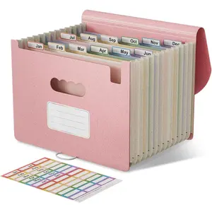 Accordion File Organizer, 12-Pocket Wheat Straw Expanding File Folder, Portable Monthly Bill & Tax Receipt Organizer, Letter/A4 Size Document Holder with Colorful Tabs-Strawberry