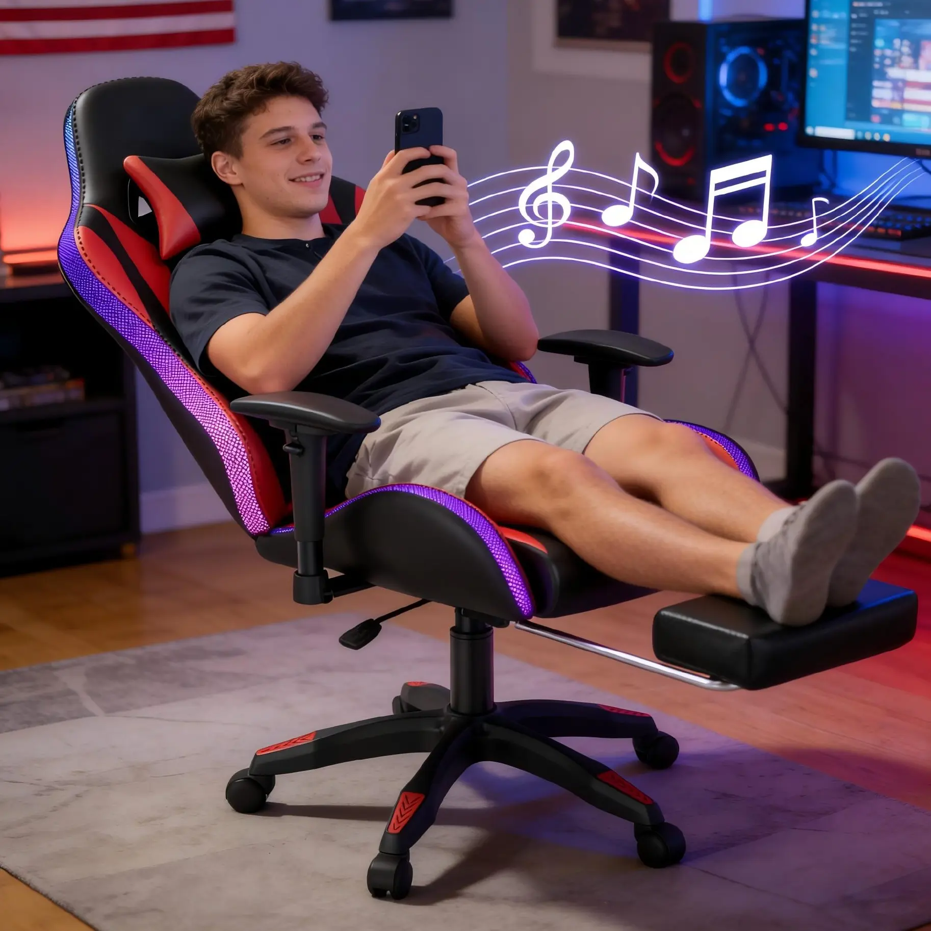 Mr IRONSTONE Red Gaming Chair with Speakers and Led Lights Ergonomic Massage Computer Office Chair with Broaden Cusion and Footrest High Back Video Game Chair for Adults Kids Boyfriend Gift, Blue Black and Pink