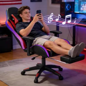 Mr IRONSTONE Red Gaming Chair with Speakers and Led Lights Ergonomic Massage Computer Office Chair with Broaden Cusion and Footrest High Back Video Game Chair for Adults Kids Boyfriend Gift, Blue Black and Pink