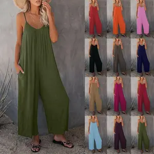 2026 New Women's Backless Jumpsuit, Adjustable Thin Straps, Wide-Leg Loose-Fitting Resort Style Jumpsuit, with Pockets