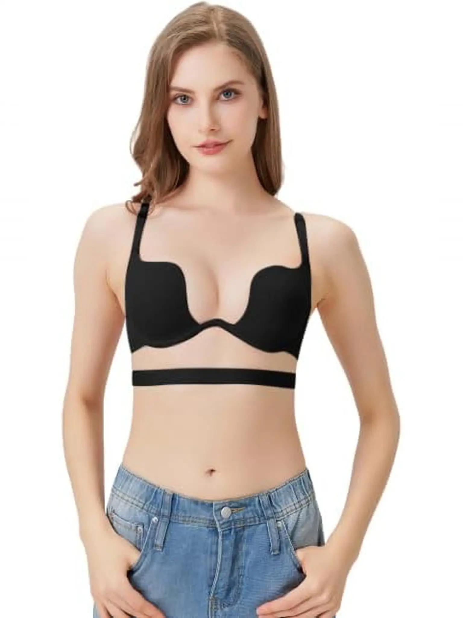 Weilresa Women's Black Wide-Strap Wireless Push-Up Bra, Comfortable Cross-Back Lingerie for Everyday Wear