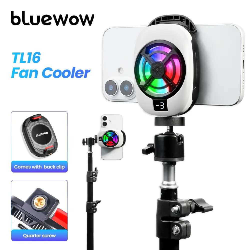 bluewow Adjustable Clip-On Wearable Mobile Phone Cooler TL16 - 1/4" Tripod Mount, RGB Lights, Semiconductor Cooling, USB Charging, 3 Speeds, Grip Design, Universal Phone Accessory for Gaming, Live Streaming