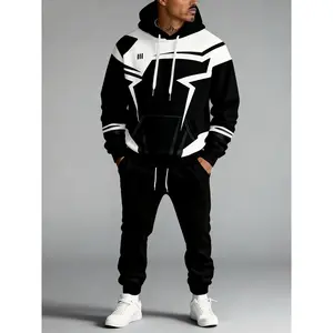 SummerVibesTrendy men's new style hooded sweater, high-end digital color-blocking casual suit, trendy running business fashion versatile simple two-piece set, age-reducing elegant clothing, men's long-sleeved sweater + pants suit, suitable for home,