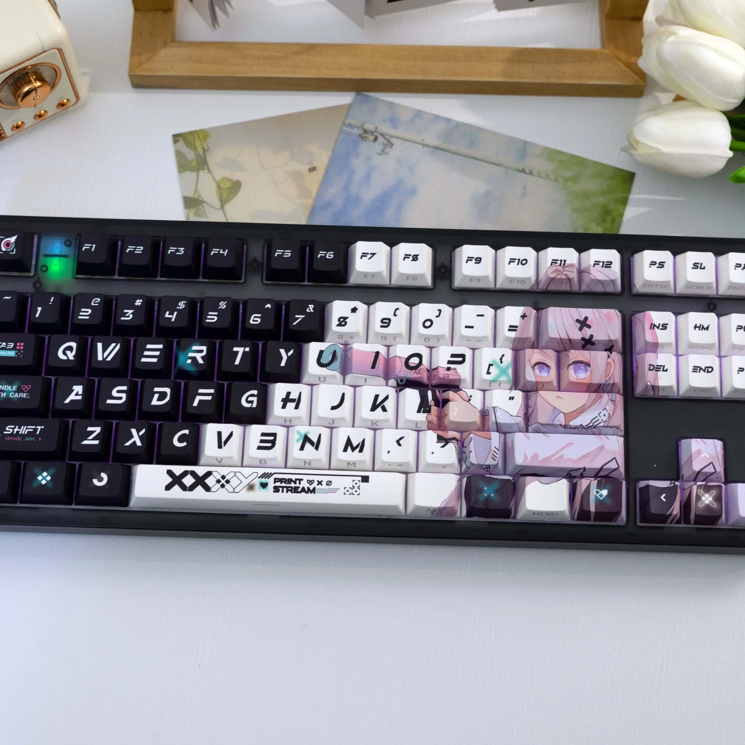 138 Key Black and White Floral Anthology Girl Pbt Keycaps, and Print, Semi-Transparent, Keycap Set, Compatible with Mx Axes, for Keyboard Models 61/64/68/87/96/104/108