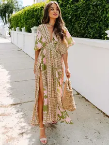 Women's Deep V-Neck Open Front Floral Print Maxi Dress, Sexy High Slit Summer Casual Beach Vacation Elegant Long Gown