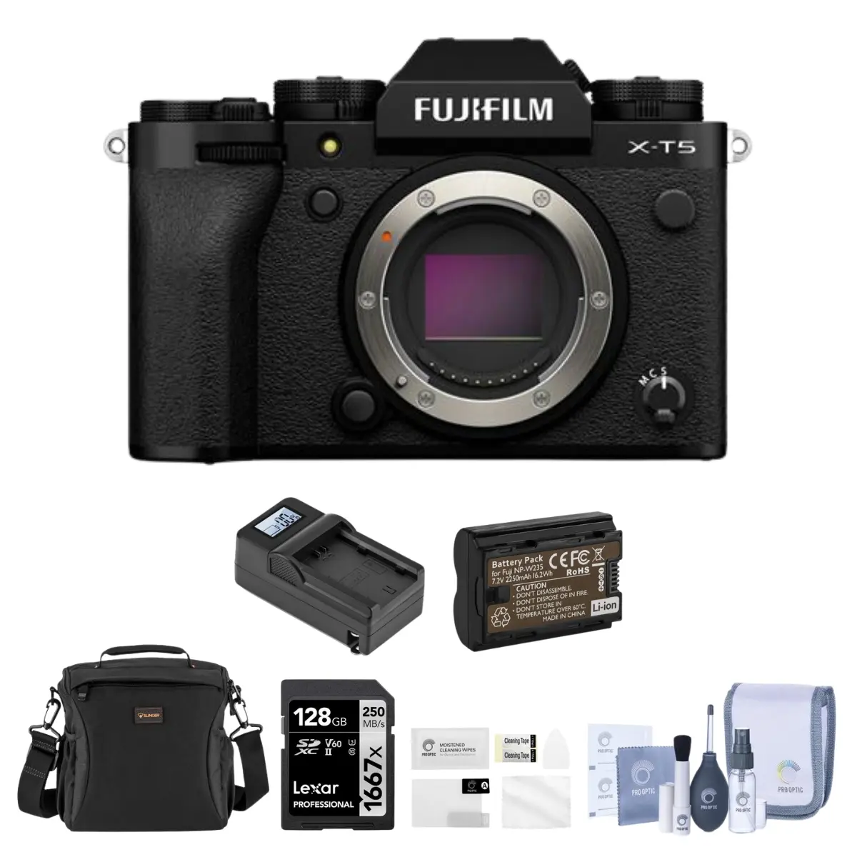 Fujifilm X-T5 Mirrorless Camera, Black Bundle with 128GB SD Card, Shoulder Bag, Extra Battery, Charger, Screen Protector, Cleaning Kit