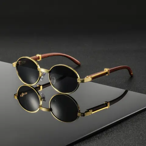 Men's Vintage Round Metal Frame Sunglasses Uv400 Protection, Imitation Wood Design for Street Style Photography Daily Wear, Trendy Vintage Sunglasses, Stylish Glasses, Trendy Fashion Shades, Fashionable Sunglasses