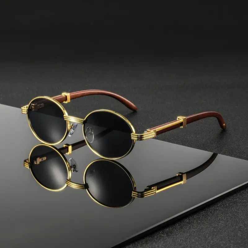 Men's Vintage Round Metal Frame Sunglasses Uv400 Protection, Imitation Wood Design for Street Style Photography Daily Wear, Trendy Vintage Sunglasses, Stylish Glasses, Trendy Fashion Shades, Fashionable Sunglasses