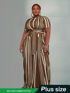 Plus Size Two-Piece Matching Set Fitted Striped Print Knot Front Tee Top & Skirt, Casual Short Sleeve Round Neck T-shirt & High Waist Maxi Skirt for Spring & Fall, Women's Outfits for Daily Wear