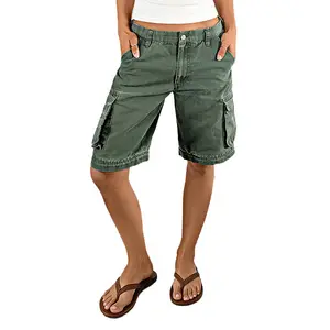 Flamingals Solid Flap Pocket Mid Rise Bermuda Shorts Womenswear Stretchy 11.4" Inseam