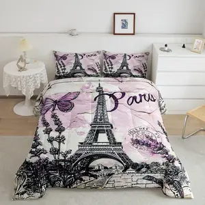Feelyou Purple Paris Eiffel Tower Microfiber Soft Queen Comforter Set - Machine Washable, Paris Print, Butterfly Lavender Floral, Modern Luxury Romantic French Style Duvet Insert, Multi-Size Bedding for Kids