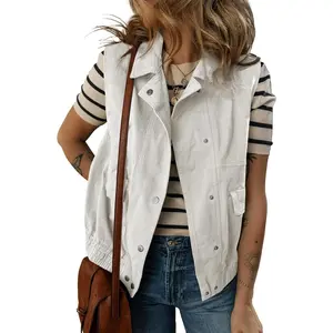 Womens Vests 2026 Spring Summer Outerwear Button-Down Lapel Collar Elastic Hem Sleeveless Jacket Cargo Vest Tops