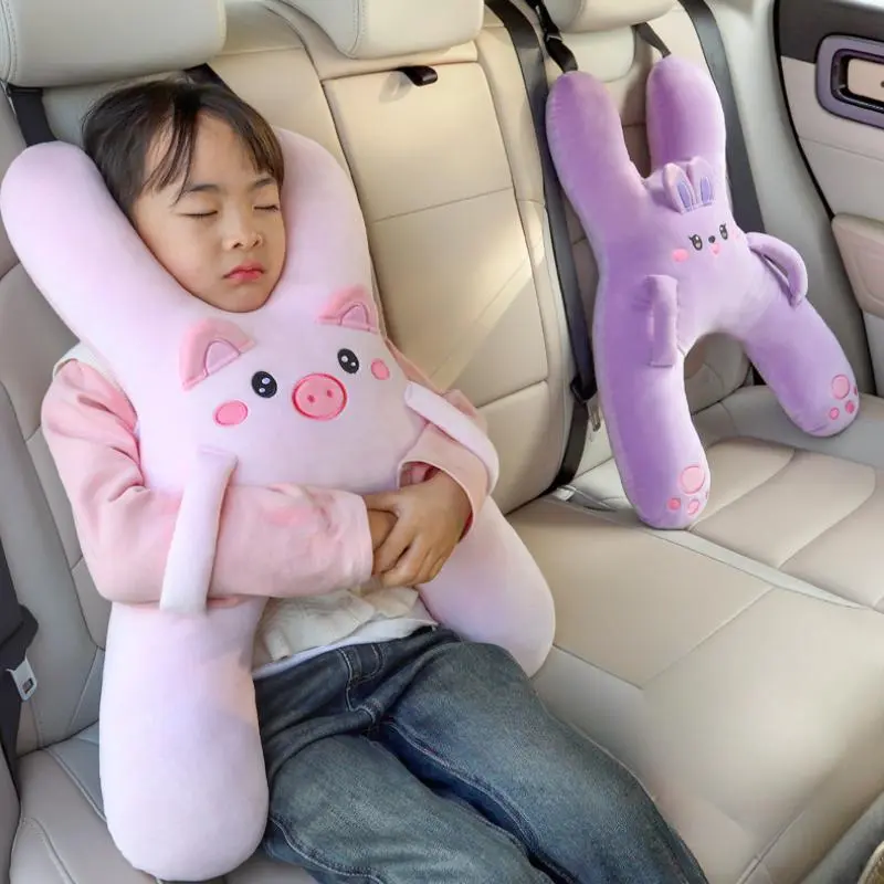 Cute Kids Car Neck Pillow - Stuffed Toy with Seat Belt Safety Sleep Aid, Head Support, Safe Materials for Back Seat Comfort During Long Distance Travel