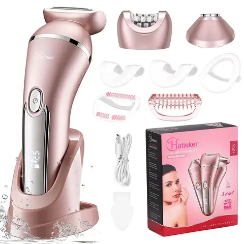Hatteker Women's 3-in-1 Lady Shaver Razor Shaving Kit, Pain-Free Electric Shaver with LED Display, 2-Speed Design, ABS Build, Multiple Heads, Waterproof, USB Rechargeable (Face, Bikini Line)