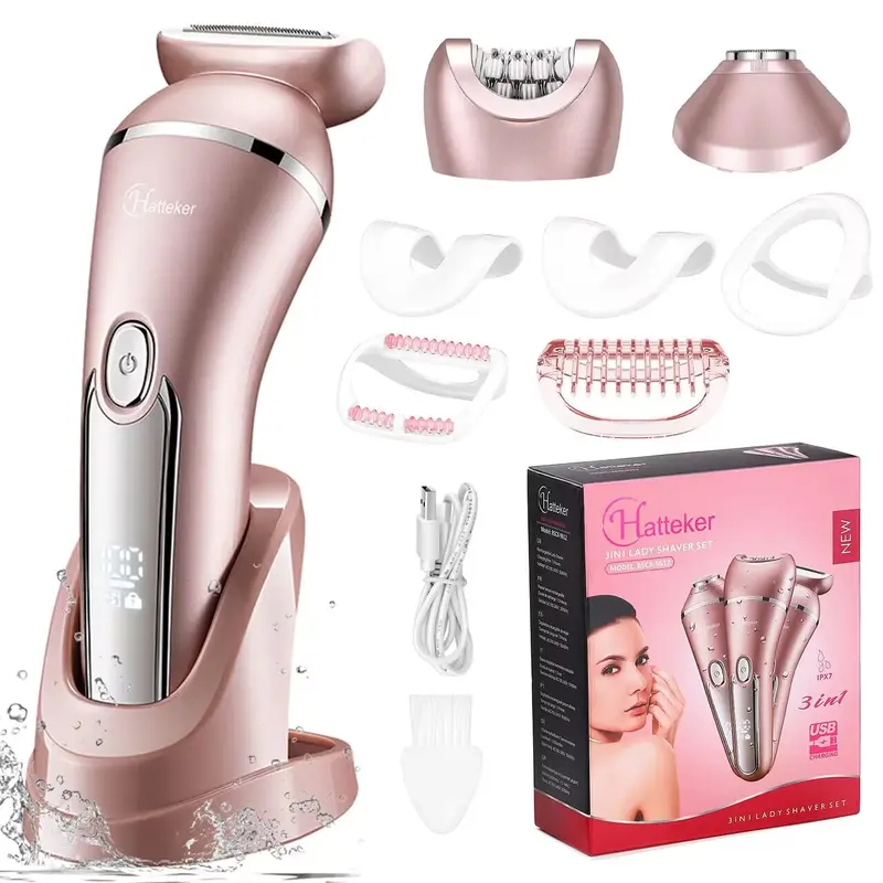 Hatteker Women's 3-in-1 Lady Shaver Razor Shaving Kit, Pain-Free Electric Shaver with LED Display, 2-Speed Design, ABS Build, Multiple Heads, Waterproof, USB Rechargeable (Face, Bikini Line)