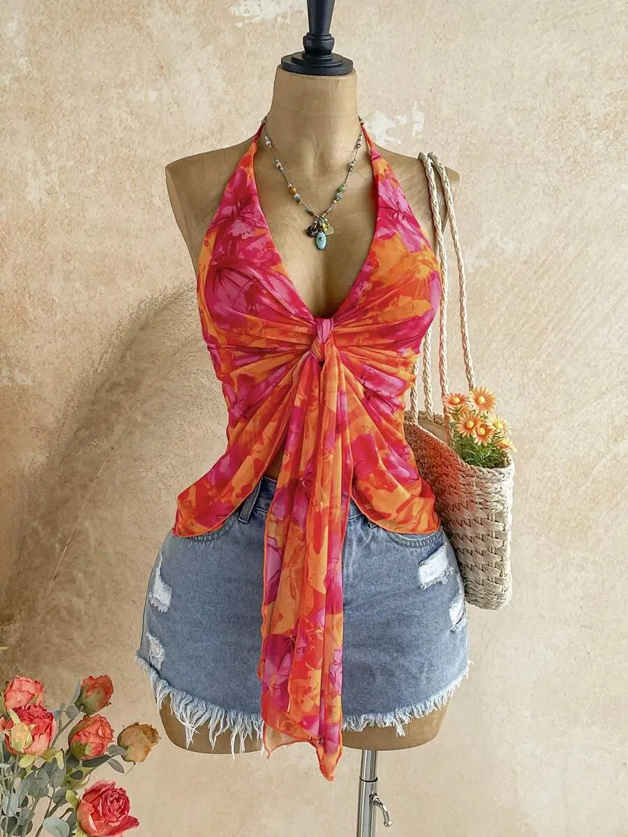 Women's Summer Vacation Floral Print Tie Front Halter Neck Camisole,Summer Top,No Chest Padding