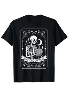 Crochet Skull Tarot Card Knitted Fitted Textured T-Shirt, Perfect Gift for Knitting & Crochet Enthusiasts, Unique Design Craft Hobbyist Tee