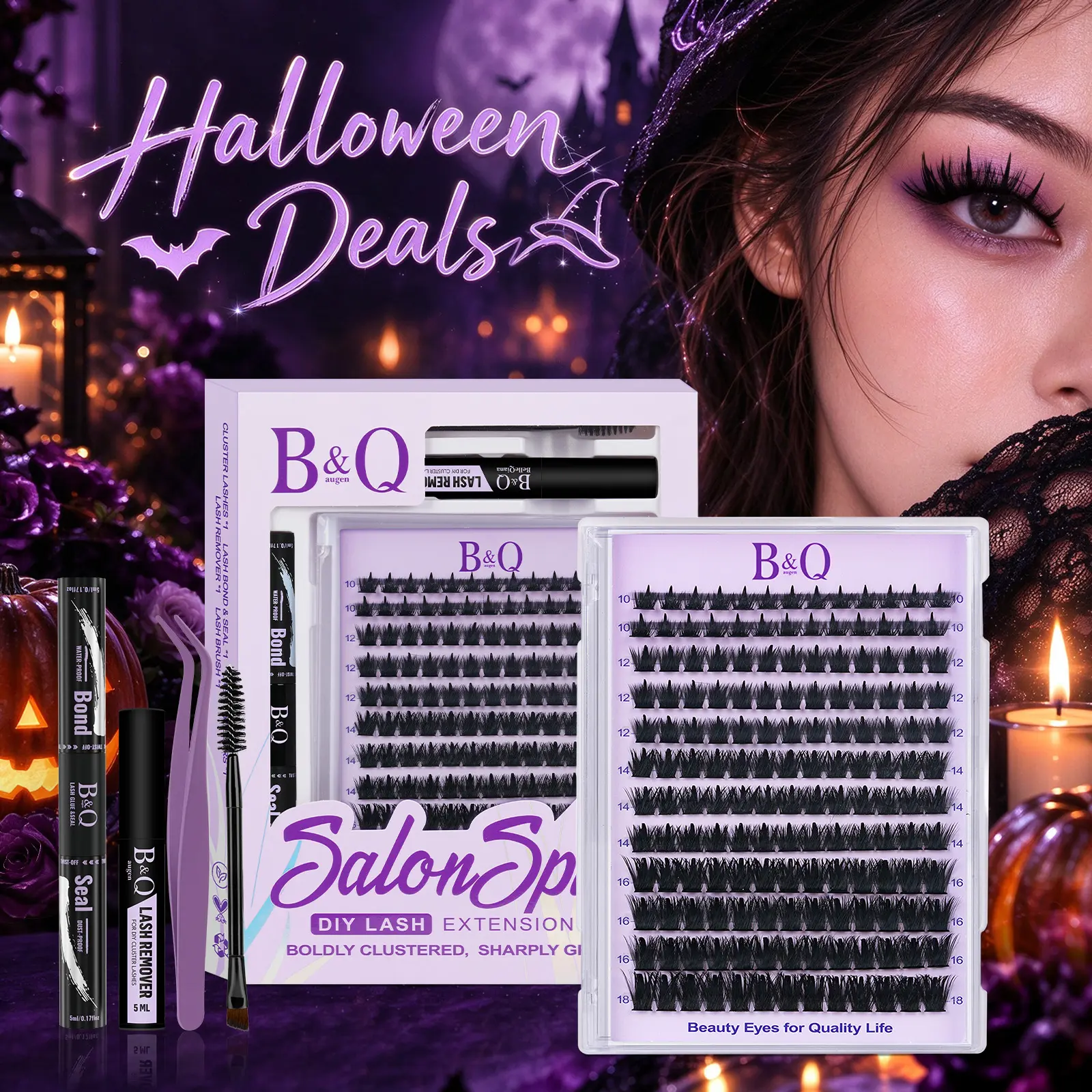 SalonSpike 200D Kit l B&Q Evil Lash,Dramatic Soft Spike Manga Thick Volume Individual Clusters,D-Curl, DIY Eyelashes Extension,Waterproof,Long Lasting,Salon Full Fake Lashes, Makeup Cosmetic Lash Stacking Vacation Lash #Familyfun #Halloween