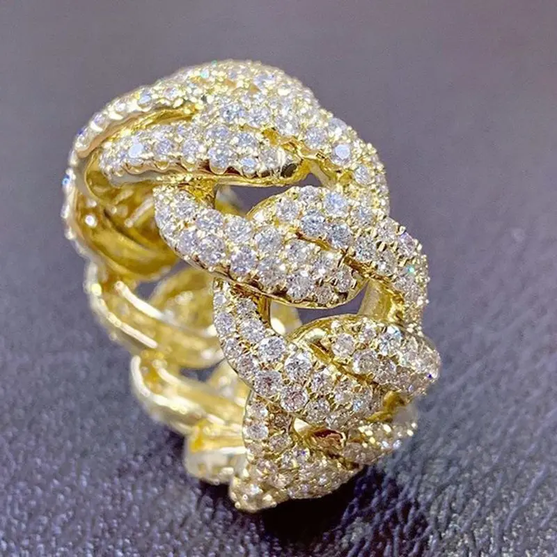 New Arrival Punk Jewelry Gold Plate CZ Crystal Rhinestone Ring Exaggerated Twisted Full Cubic Zirconia Rings for Men