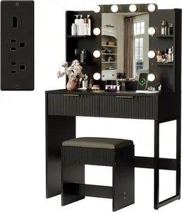 VINGLI Fluted Makeup Vanity Desk with Mirror & Lights & Power Outlet, Small Vanity Table w/ 2 Drawers & 4 Storage Shelves, Modern Dressing Table Set Charging Station for Bedroom