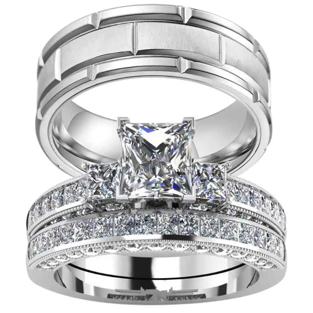 Ringcrown Couple Rings Matching Ring Three stone Square Cut 1.5ct CZ White Gold Plated Women Wedding Ring Sets For Him And Her Ring Sets Men Titanium Steel Wedding Band
