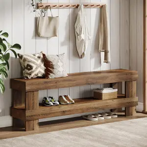 Tribesigns 59-Inch Farmhouse Entryway Bench for Bedroom, Living Room with 2-Tier Shoe Storage in Rustic Brown