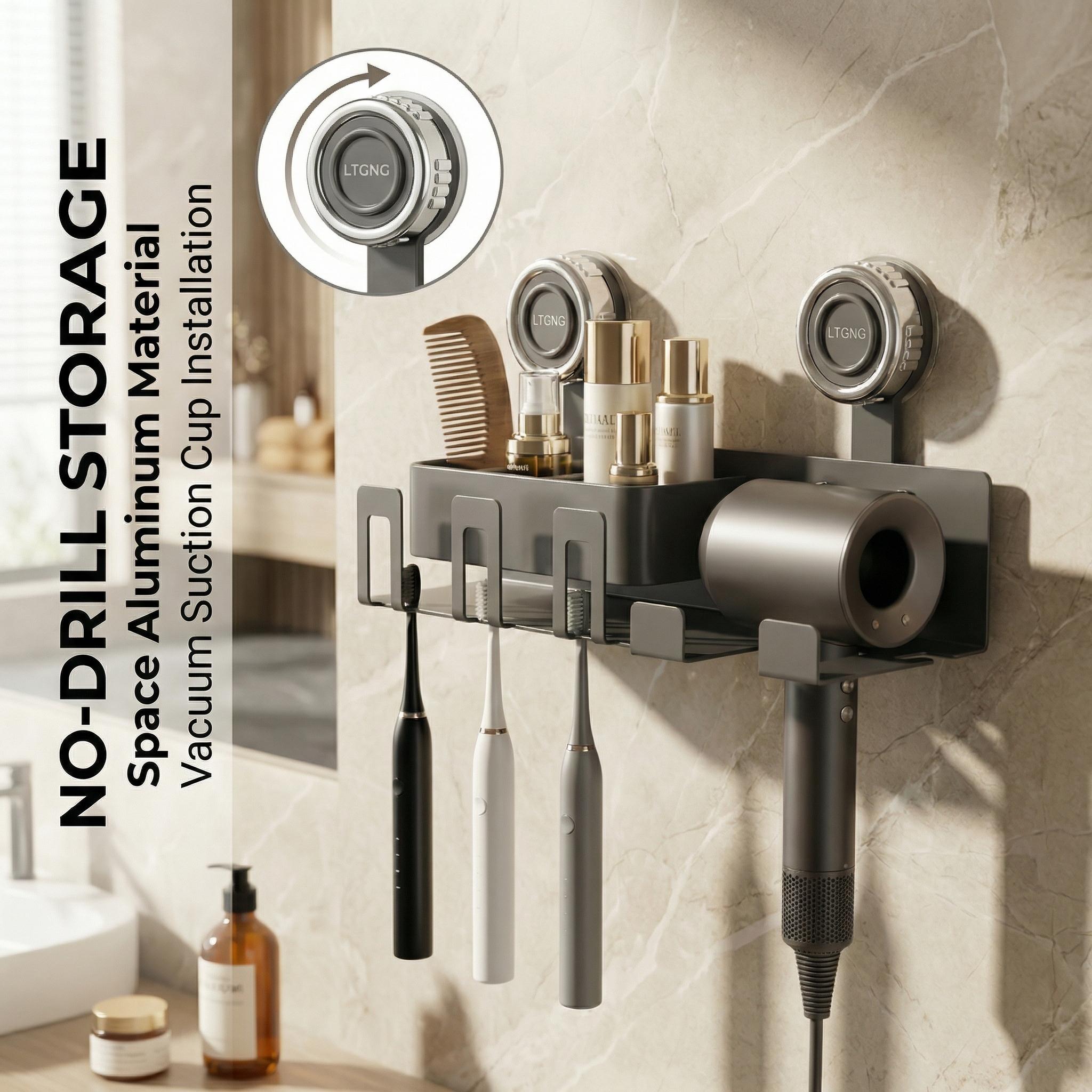 No Drill Suction Cup Hair Dryer Holder, Space Aluminum Bathroom Organizer with Toothbrush Storage, Strong Load-Bearing Wall Mount Rack for Renters No Drill Suction Cup Hair Dryer Holder, Space Aluminum Bathroom Organizer with Toothbrush Storage, Strong Load-Bearing Wall Mount Rack for Renters
