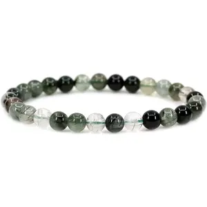 Natural Green Rutilated Quartz Gemstone 6mm Round Beads Stretch Bracelet 7" Unisex