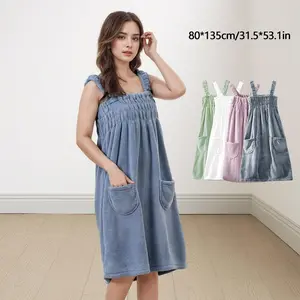 Wearable Bath Towel, Super Absorbent Towel, Coral Fleece Shower Robe with Convenient Pocket, Absorbent Bathroom Essential for Daily Use