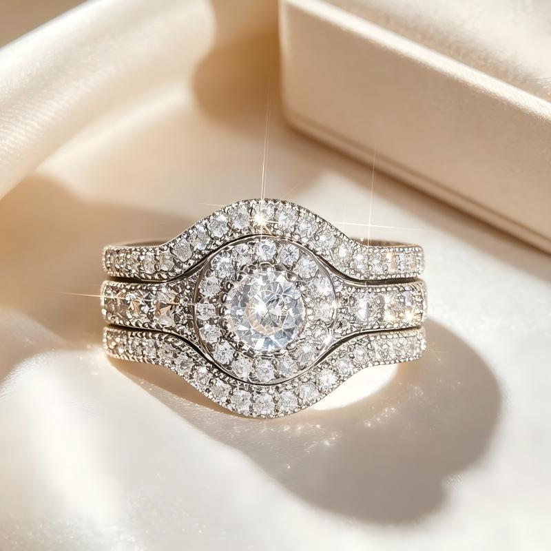 3pc Elegant Couple Costume Ring Set - Sparkling Round Stone Zircon, Wedding Ring Sets, Everlasting Band, Ideal for Birthdays, Valentine’s Engagement Promise Gift for Brides