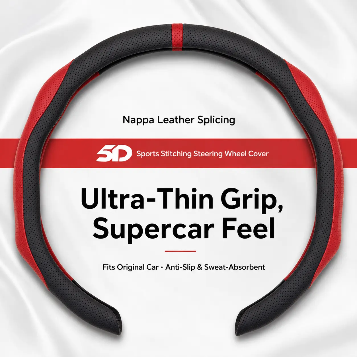 15-Inch Nappa Leather Steering Wheel Cover, 2-Tone Sporty Design, Ultra-Thin Anti-Slip Grip, Breathable Universal Fit Car Interior Upgrade Accessory, Sporty Tone