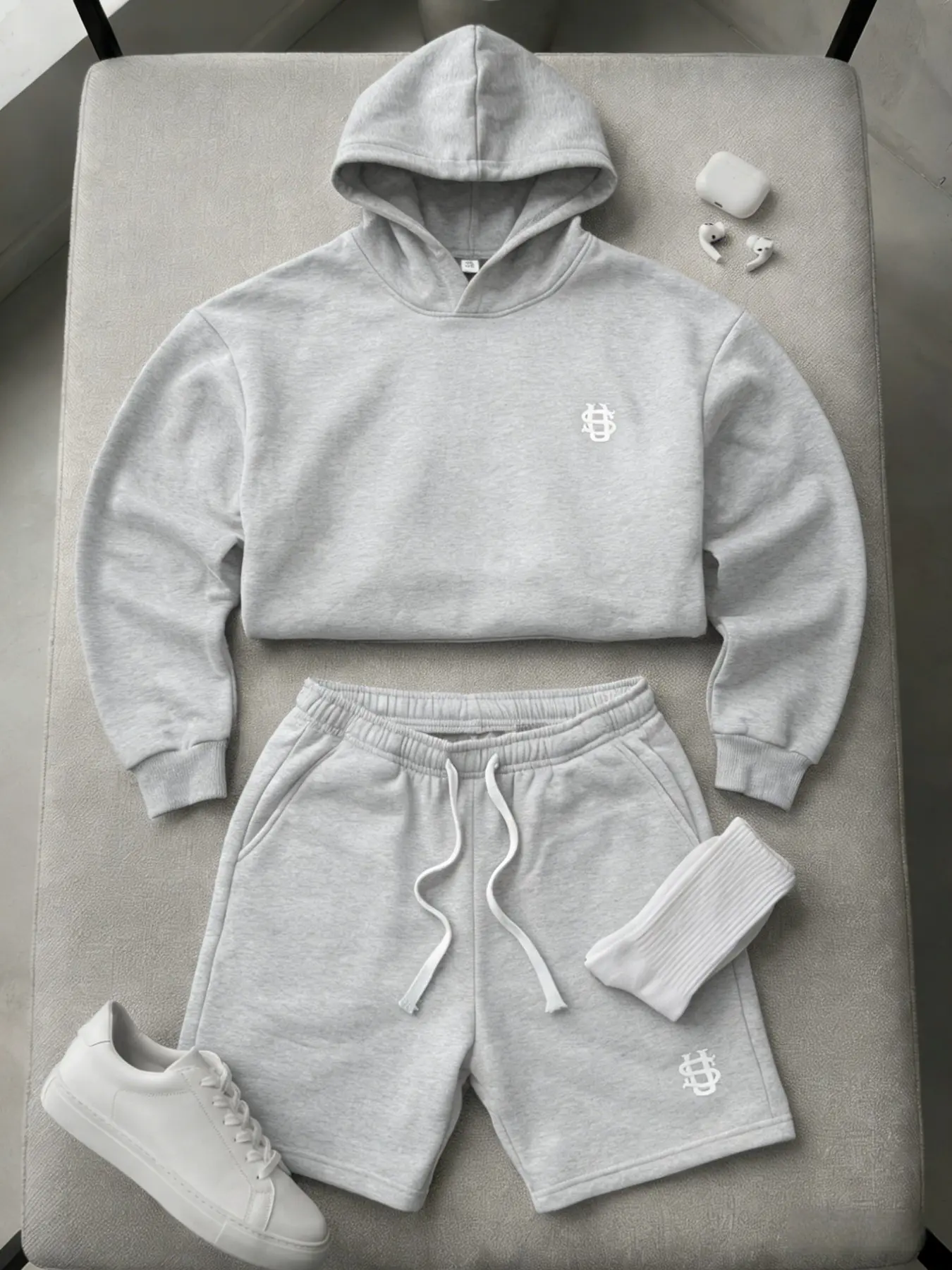 Men's 2-Piece Hooded Sweatshirt and Shorts Set, Loose Embroidered Lazy Style Home Wear, American High Street Casual Style for Summer