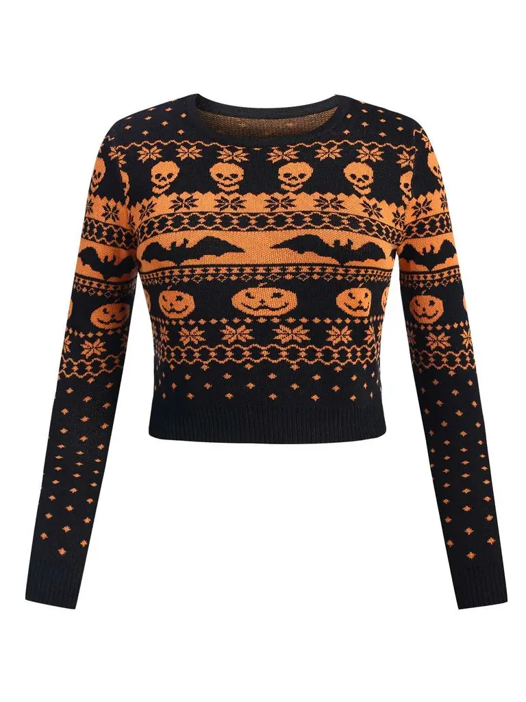 RETRO STAGE Women's Vintage 1970s Skull Bat Print Knitting Sweatshirt - Casual Freaky Long Sleeves Crop Cut Fitted Top for Autumn Halloween, Clothes, Fitted Silhouette, Skull Bats, Sweater, Knitwear, Lady, Goth Clothes, Skull Bat Motif