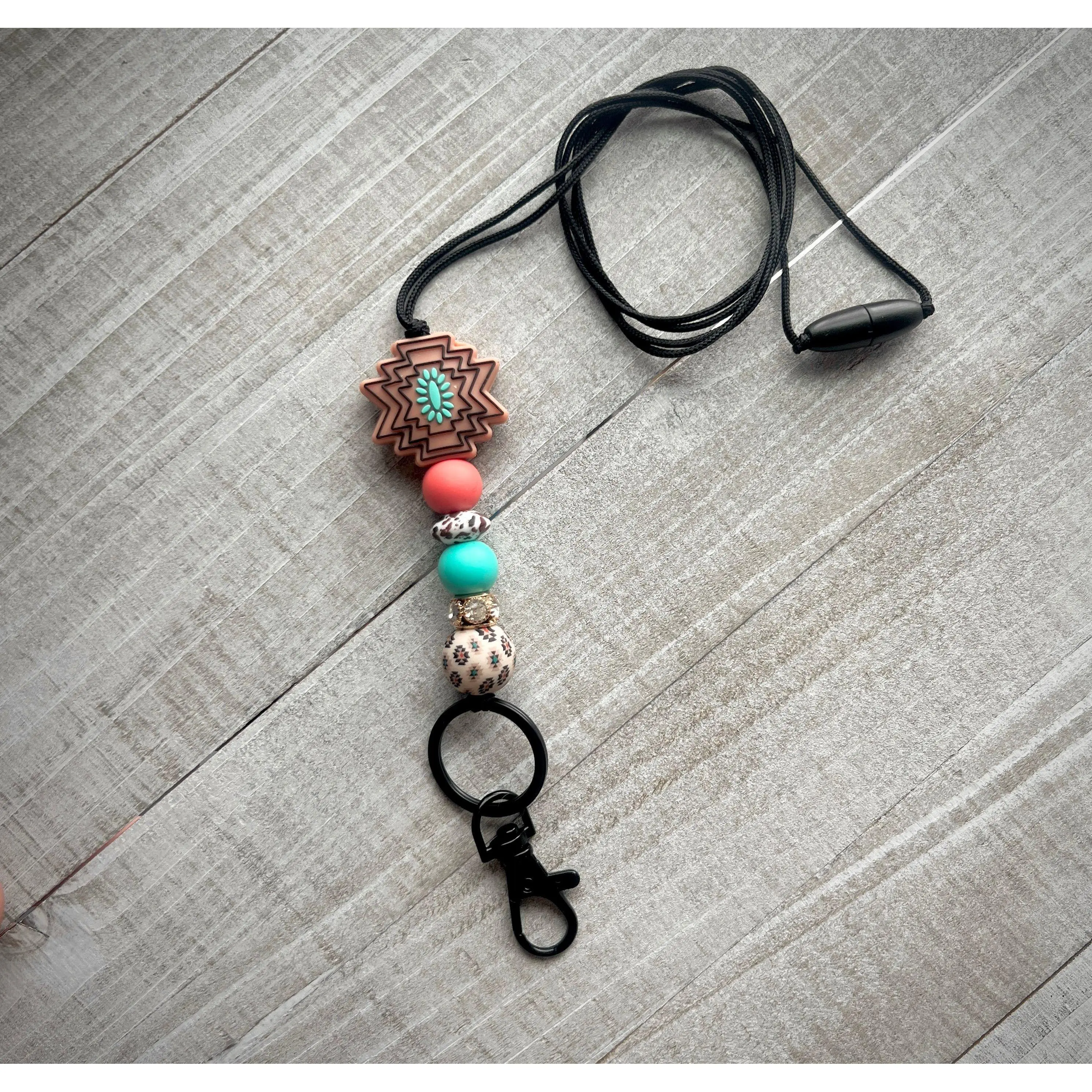Cream Aztec Turquoise Stone Rhinestone Lanyard